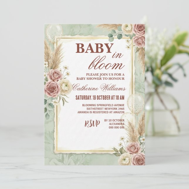Invitación Sage Green Balloons Floral Baby Shower (Anverso de pie)