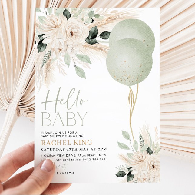 Invitación Sage Green Balloons Floral Baby Shower (Hello Baby Baby Shower invitation | Sage green balloons and white green flowers)