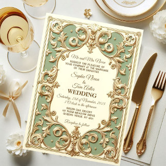 Invitación Sage Green Barroco Grandeur Floral Motif Faux Gold