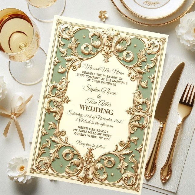 Invitación Sage Green Barroco Grandeur Floral Motif Faux Gold (Soft Green Baroque Grandeur Floral Motif Faux Gold Invitation)
