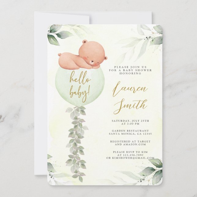 Invitación Sage Green Bear Baby Shower (Anverso)