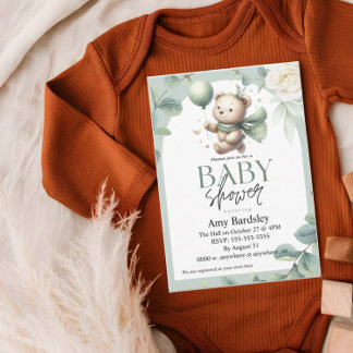 Invitación Sage Green Bear Baby Shower