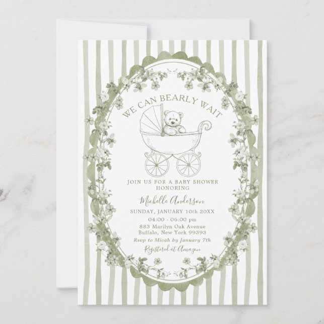 Invitación Sage Green Bear Baby Shower Invitation (Anverso)