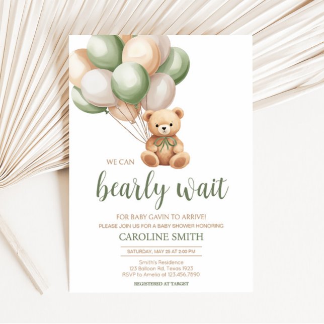 Invitación Sage Green Bear Balloon Baby Shower (Green Boho Bear Baby Shower Invitation)