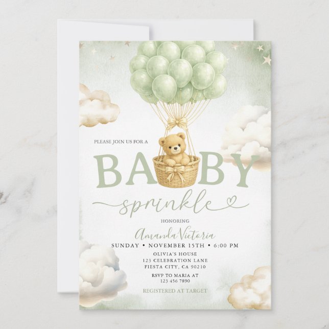 Invitación Sage Green Bear Cloud Balloon Baby Shower (Anverso)