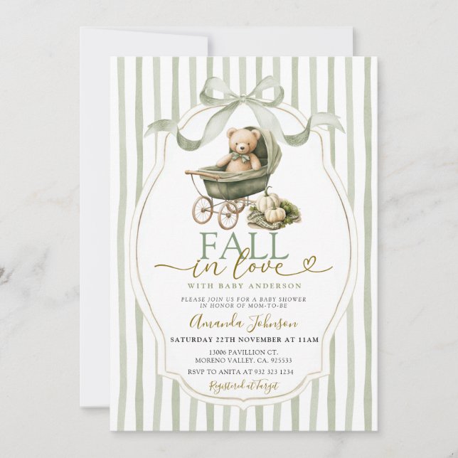 Invitación Sage Green Bear Stroller Pumpkin Baby Shower (Anverso)