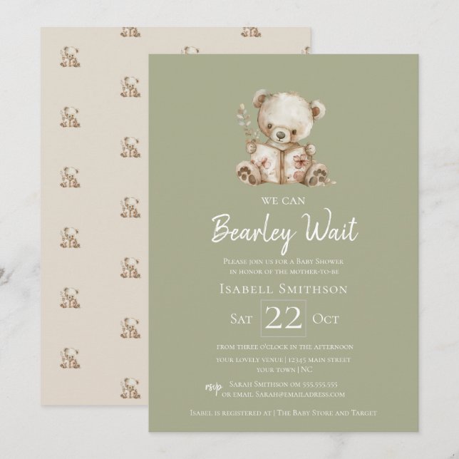 Invitación Sage Green Bearly Wait Storybook Bear Baby Shower (Anverso / Reverso)