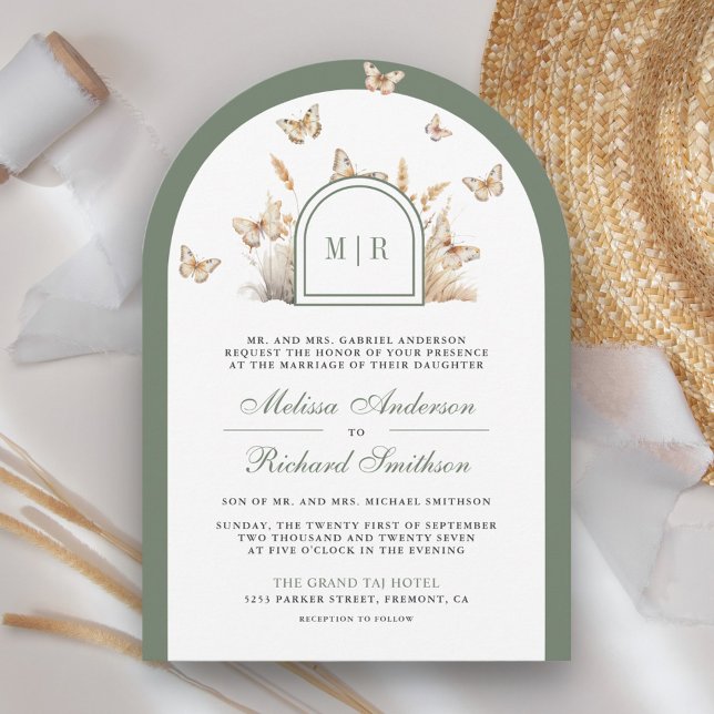 Invitación Sage Green Beige Wildflower Butterfly Arch Boda (Subido por el creador)