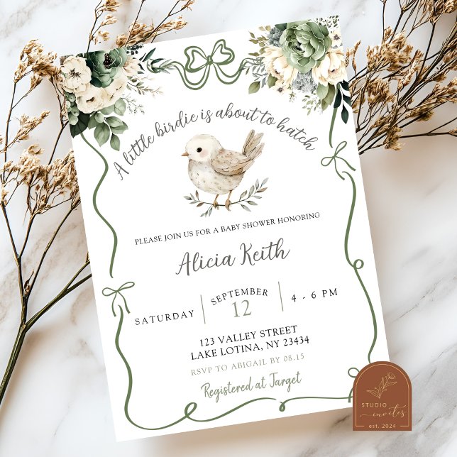 Invitación Sage Green Birdie Baby Shower (Subido por el creador)