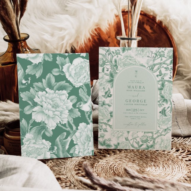 Invitación Sage Green Birds Peony Chinoiserie Garden Wedding (Subido por el creador)