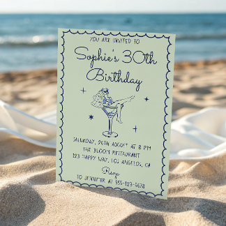 Invitación Sage Green & Blue Martini Glass 30th Birthday