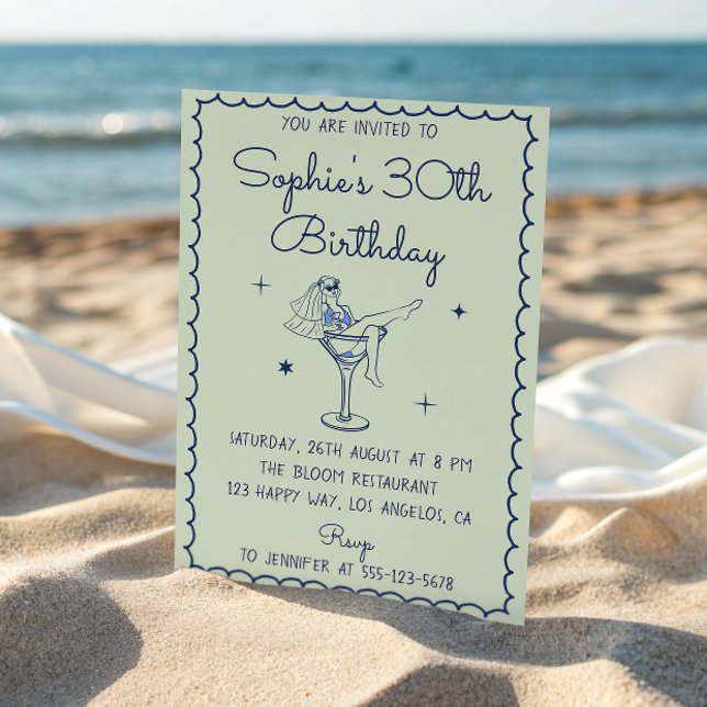 Invitación Sage Green & Blue Martini Glass 30th Birthday (Subido por el creador)