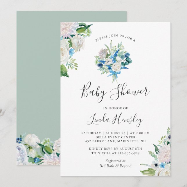 Invitación Sage Green Blue White Floral Bouquet Baby Shower (Anverso / Reverso)