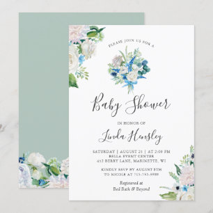 Invitación Sage Green Blue White Floral Bouquet Baby Shower