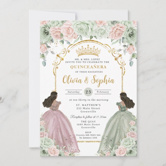 Invitación Sage Green Blush Floral Brown Twins Quinceañera  (Anverso)