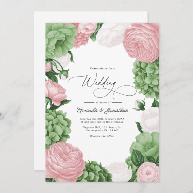 Invitación Sage Green, Blush & White Floral Wedding (Anverso / Reverso)