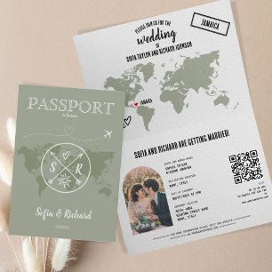 Invitación Sage Green Boho Boda Passport Map QR Code