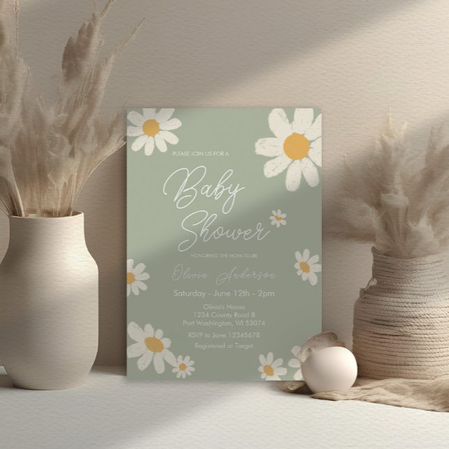Invitación Sage Green Boho Daisy Flores Baby Shower (Subido por el creador)