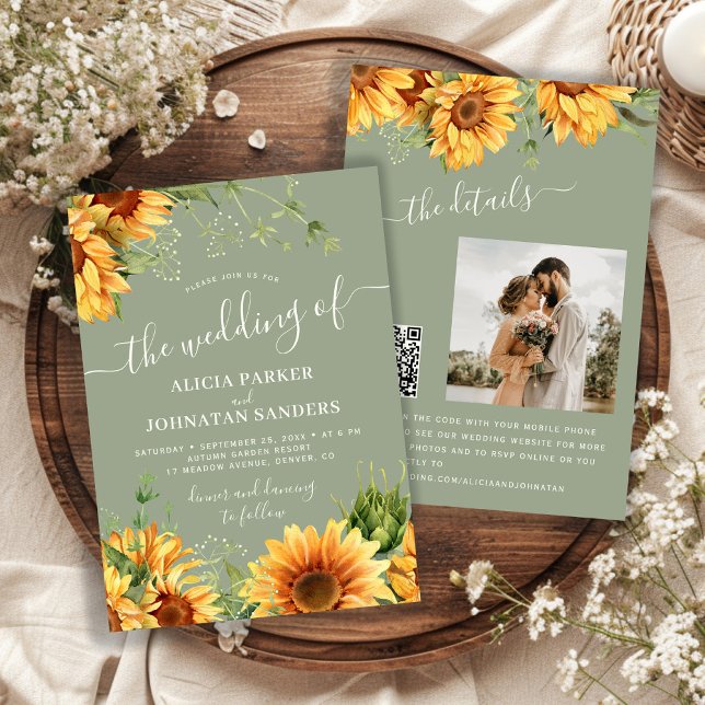 Invitación Sage green boho floral sunflower wedding (Subido por el creador)