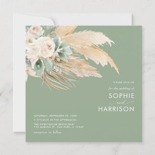 Invitación Sage Green Boho Pampas Grass Square Boda