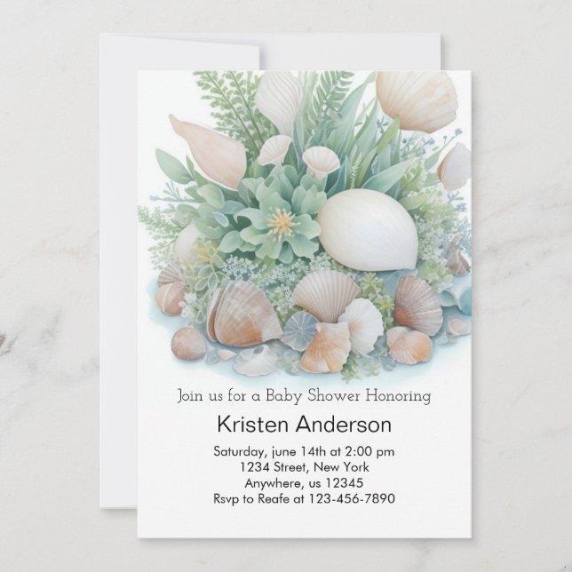 Invitación Sage Green Boho Seashell Celebration Baby Shower (Anverso)