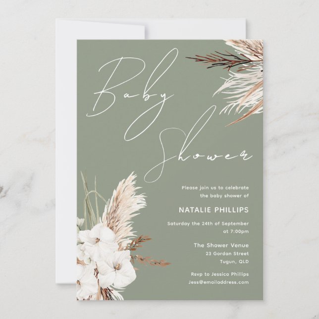 Invitación Sage Green Boho White Floral Moderno Baby Shower (Anverso)