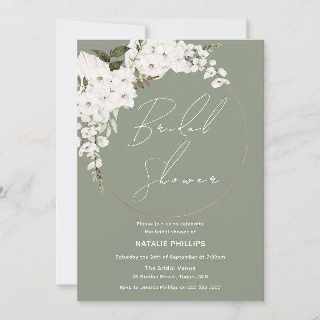 Invitación Sage Green Boho White Floral Wreath Briwower (Anverso)