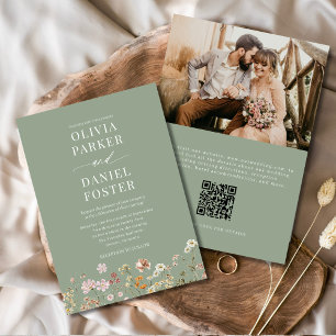 Invitación Sage Green Boho Wildflower Boda de fotos del códig