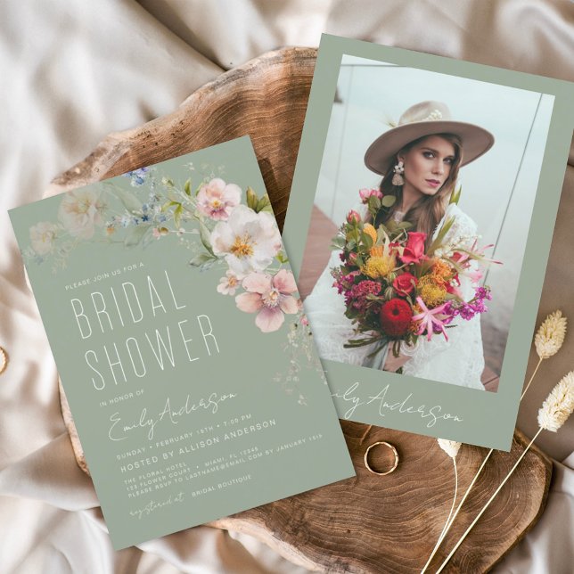 Invitación Sage Green Boho Wildflower Bridal Shower Foto (Subido por el creador)