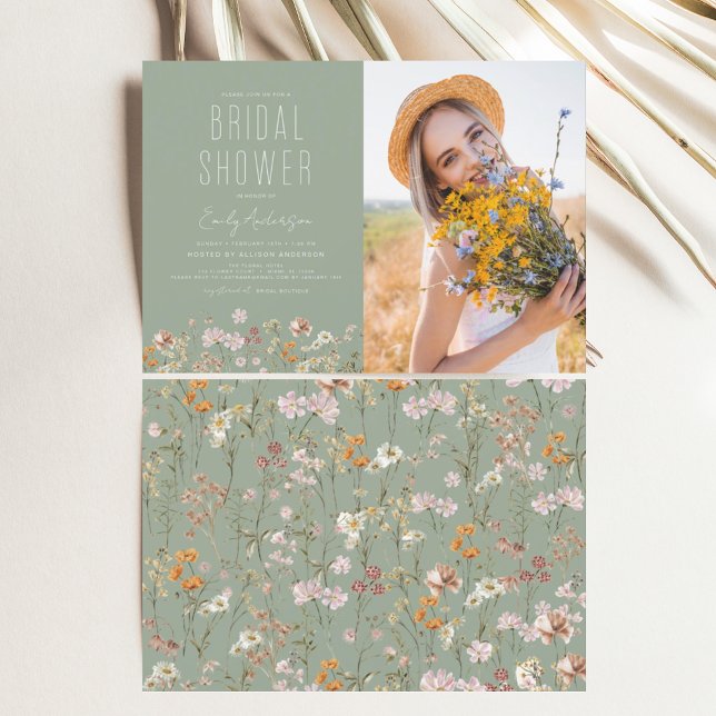 Invitación Sage Green Boho Wildflower Bridal Shower Foto (Subido por el creador)