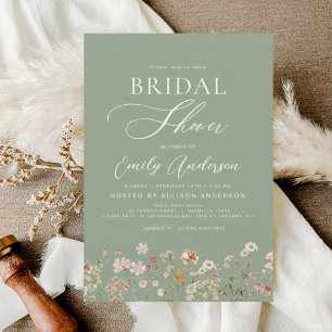 Invitación Sage Green Boho Wildflower guión de ducha de novia