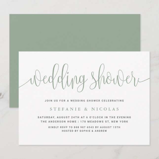 Invitación Sage Green Bonito caligrafía ducha de matrimonio (Anverso / Reverso)