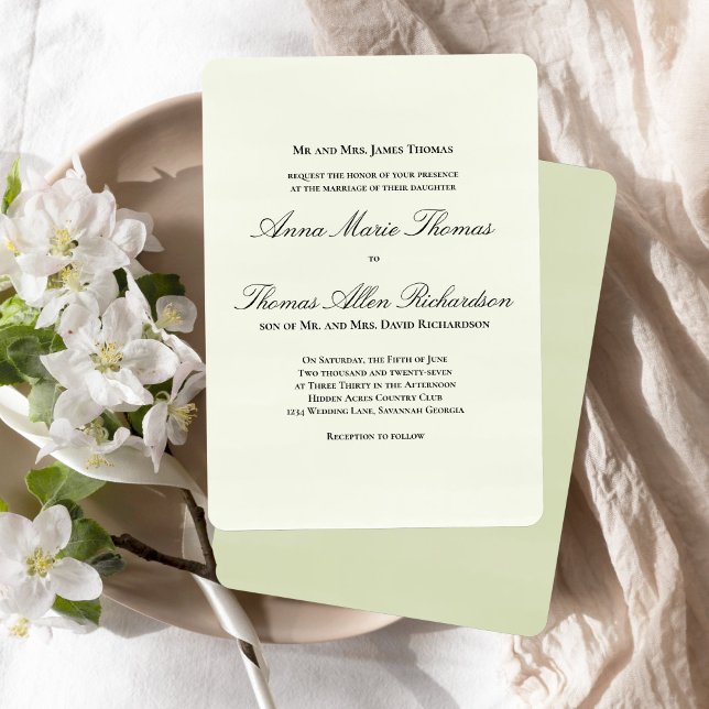 Invitación Sage Green Botanical Classic Formal Script Wedding (Classic formal sage green invitation with elegant script and timeless layout.)