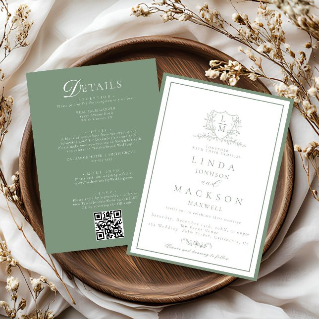Invitación Sage Green botanical crest All in one wedding  (Subido por el creador)