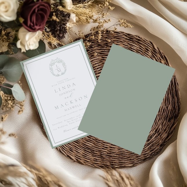 Invitación Sage Green botanical crest monogram wedding (Subido por el creador)