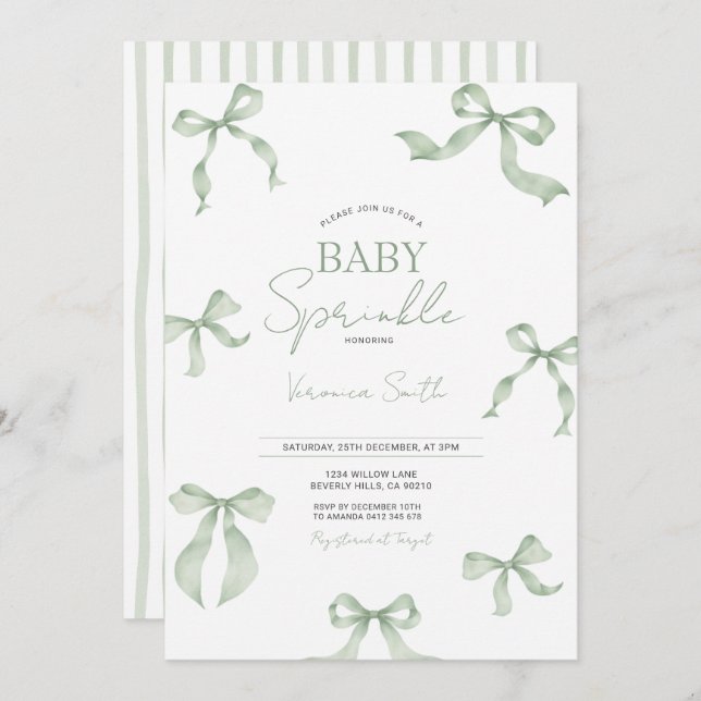 Invitación Sage Green Bow Baby Sprinkle Invitation (Anverso / Reverso)