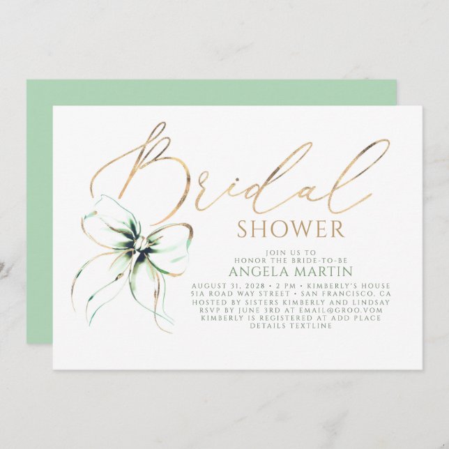 Invitación Sage Green Bow Elegant Romantic Bridal Shower (Anverso / Reverso)