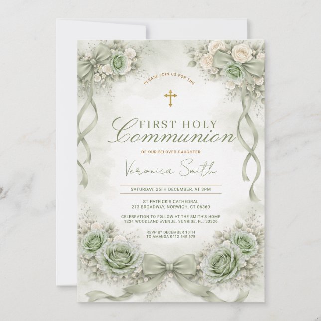 Invitación Sage Green Bow Floral First Holy Communion (Anverso)