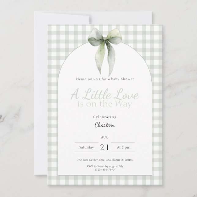 Invitación Sage Green Bow Gingham Baby Shower (Anverso)
