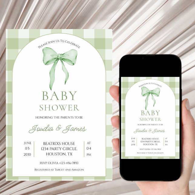 Invitación sage green Bow Gingham Baby Shower Invitation (Subido por el creador)