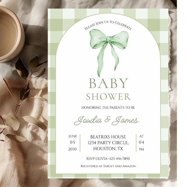 Invitación sage green Bow Gingham Baby Shower Invitation (Subido por el creador)