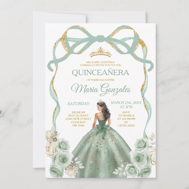 Invitación Sage Green Bow Princess Gold Crown Quinceañera (Anverso)