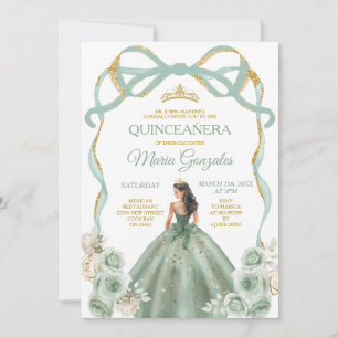 Invitación Sage Green Bow Princess Gold Crown Quinceañera