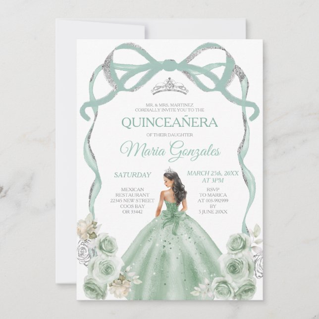 Invitación Sage Green Bow Princess Silver Crown Quinceañera (Anverso)