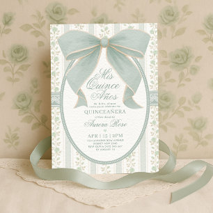 Invitación Sage Green Bow Quinceanera Mis Quince cumpleaños