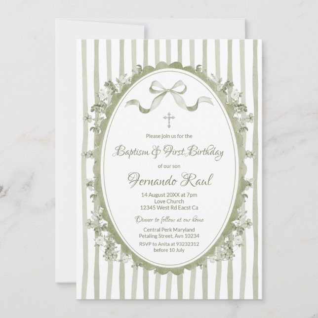 Invitación Sage Green Bow Ribbon Oval Frame Baptism Neutral (Anverso)