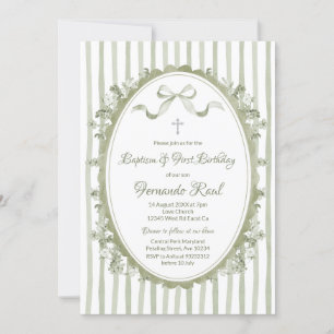 Invitación Sage Green Bow Ribbon Oval Frame Baptism Neutral