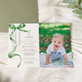 Invitación Sage Green Bow & Rosary Photo First Holy Communici