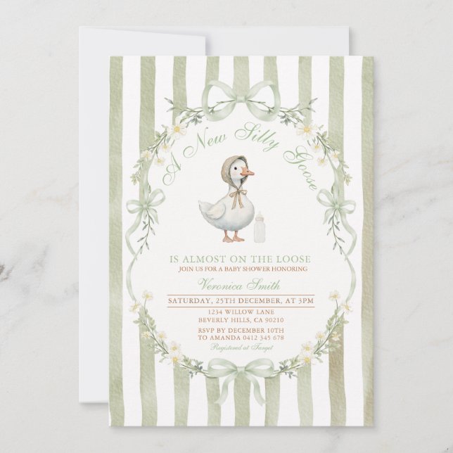 Invitación Sage Green Bow Silly Goose Baby SHOWER Invitation (Anverso)