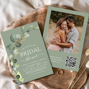Invitación Sage Green Bridal Shower QR Code Photo Eucalyptus